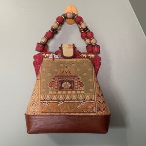 Mary Frances Red Brown elephant Handbag Clutch Purse Bag.